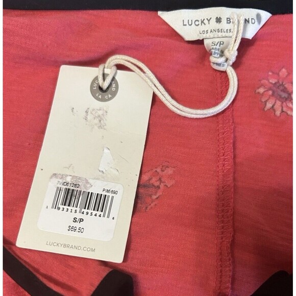 Lucky Brand Floral Boho Coral Tie Neck Keyhole 3./4 Bishop Sleeves Blouse Sz S - Picture 8 of 9